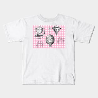 Victorian air balloons on pink gingham Kids T-Shirt